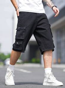 Manfinity Loose-Fit Men's Flap Pocket & Side Cargo Design Denim Shorts - Black - View 1