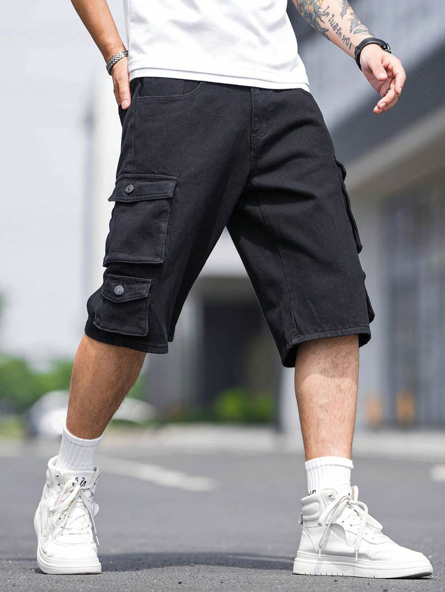 Manfinity Loose-Fit Men's Flap Pocket & Side Cargo Design Denim Shorts - Black - View 1