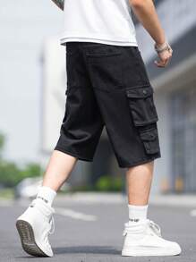 Manfinity Loose-Fit Men's Flap Pocket & Side Cargo Design Denim Shorts - Black - View 2