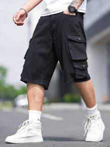 Manfinity Loose-Fit Men's Flap Pocket & Side Cargo Design Denim Shorts - Black - View 3