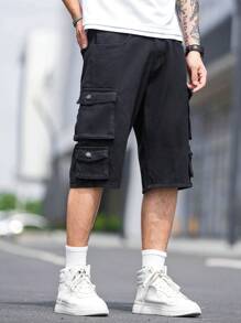 Manfinity Loose-Fit Men's Flap Pocket & Side Cargo Design Denim Shorts - Black - View 4