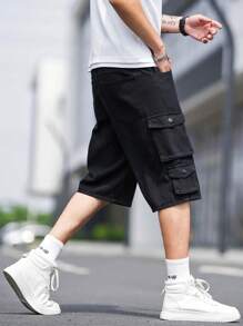 Manfinity Loose-Fit Men's Flap Pocket & Side Cargo Design Denim Shorts - Black - View 5