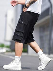 Manfinity Loose-Fit Men's Flap Pocket & Side Cargo Design Denim Shorts - Black - View 6