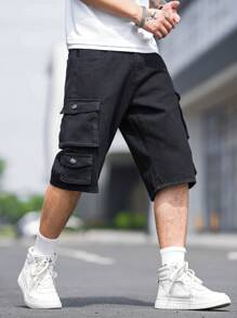 Manfinity Loose-Fit Men's Flap Pocket & Side Cargo Design Denim Shorts - Black - View 7