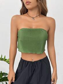 SHEIN EZwear 木耳邊短款抹胸上衣 - 綠色 - 查看 3