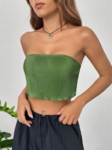 SHEIN EZwear 木耳邊短款抹胸上衣 - 綠色 - 查看 4