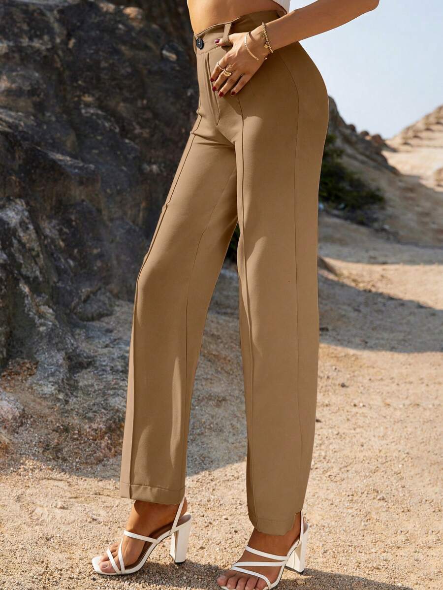 SHEIN Frenchy 高腰直筒褲 - 咖啡棕 - 查看 1