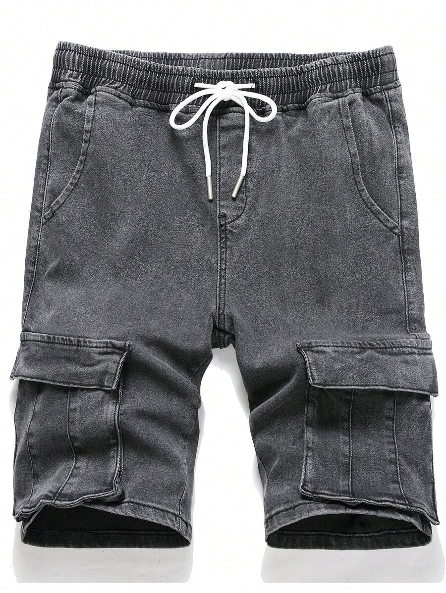 Manfinity Quần Short Denim Nam Dây kéo Túi màu trơn - Xám - Xem 1