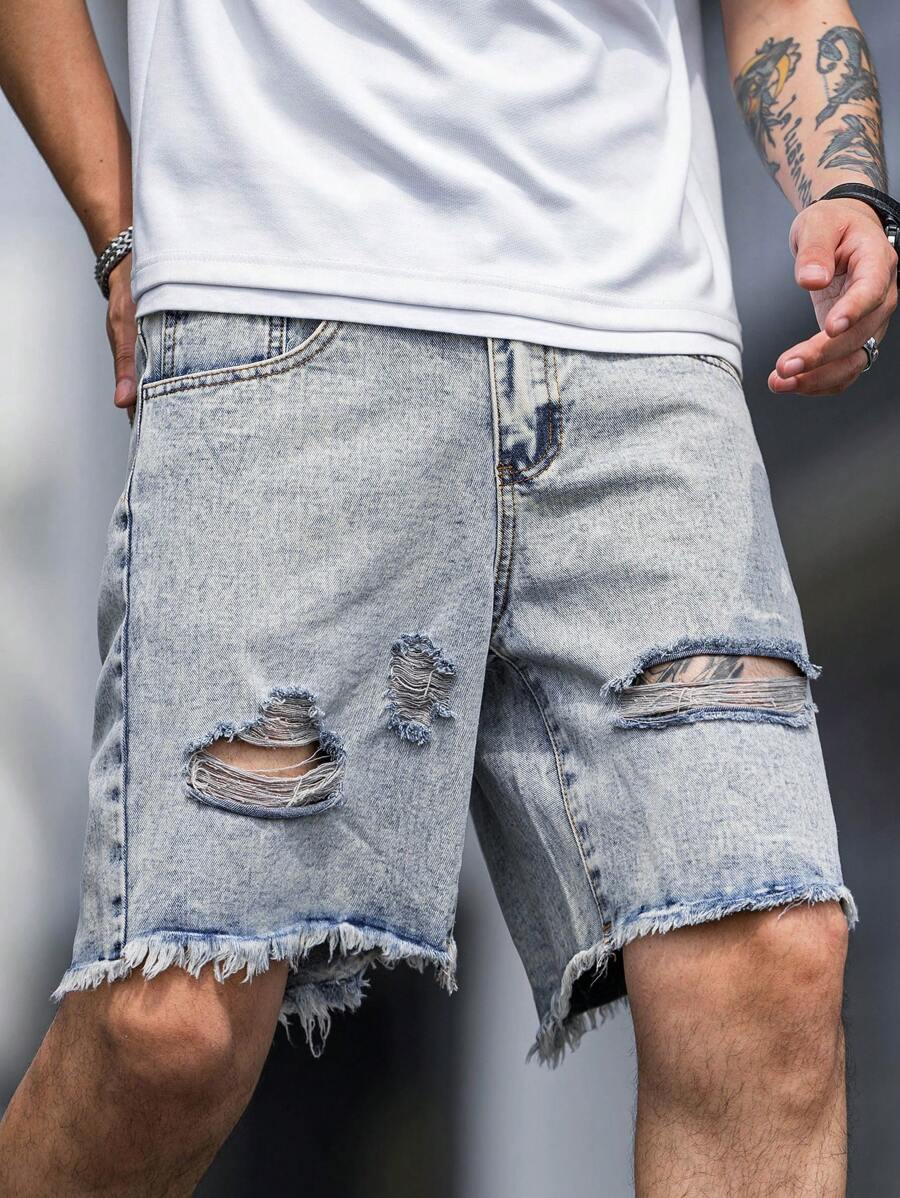 Manfinity Quần Short Denim Nam Bị tách Hem thô Denim mùa giặt màu trơn - Rửa nhẹ - Xem 1