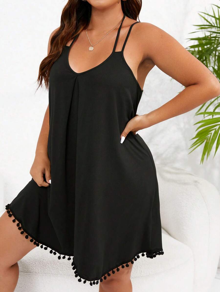 Plus Pom Pom Trim Cami Nightdress - Black - View 1