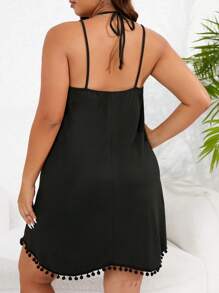 Plus Pom Pom Trim Cami Nightdress - Black - View 2