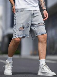 Manfinity Quần Short Denim Nam Bị tách Hem thô Denim mùa giặt màu trơn - Rửa nhẹ - Xem 3