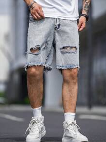 Manfinity Quần Short Denim Nam Bị tách Hem thô Denim mùa giặt màu trơn - Rửa nhẹ - Xem 4
