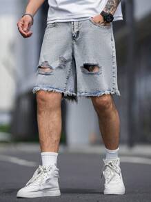Manfinity Quần Short Denim Nam Bị tách Hem thô Denim mùa giặt màu trơn - Rửa nhẹ - Xem 5