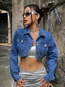 SHEIN ICON Flap Detail Crop Denim Jacket - Medium Wash - View 4