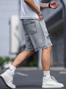 Manfinity Quần Short Denim Nam Bị tách Hem thô Denim mùa giặt màu trơn - Rửa nhẹ - Xem 6