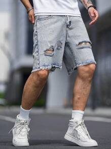 Manfinity Quần Short Denim Nam Bị tách Hem thô Denim mùa giặt màu trơn - Rửa nhẹ - Xem 7