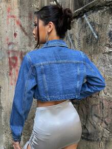 SHEIN ICON Flap Detail Crop Denim Jacket - Medium Wash - View 2