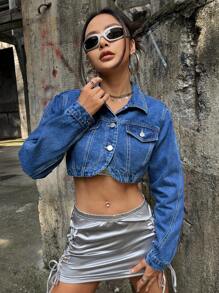 SHEIN ICON Flap Detail Crop Denim Jacket - Medium Wash - View 6