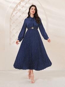 Mulvari Polka Dot Print Tie Neck Pleated Hem Belted Dress - Blue - View 1