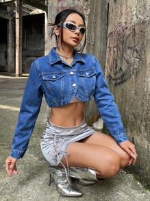 SHEIN ICON Flap Detail Crop Denim Jacket - Medium Wash - View 1