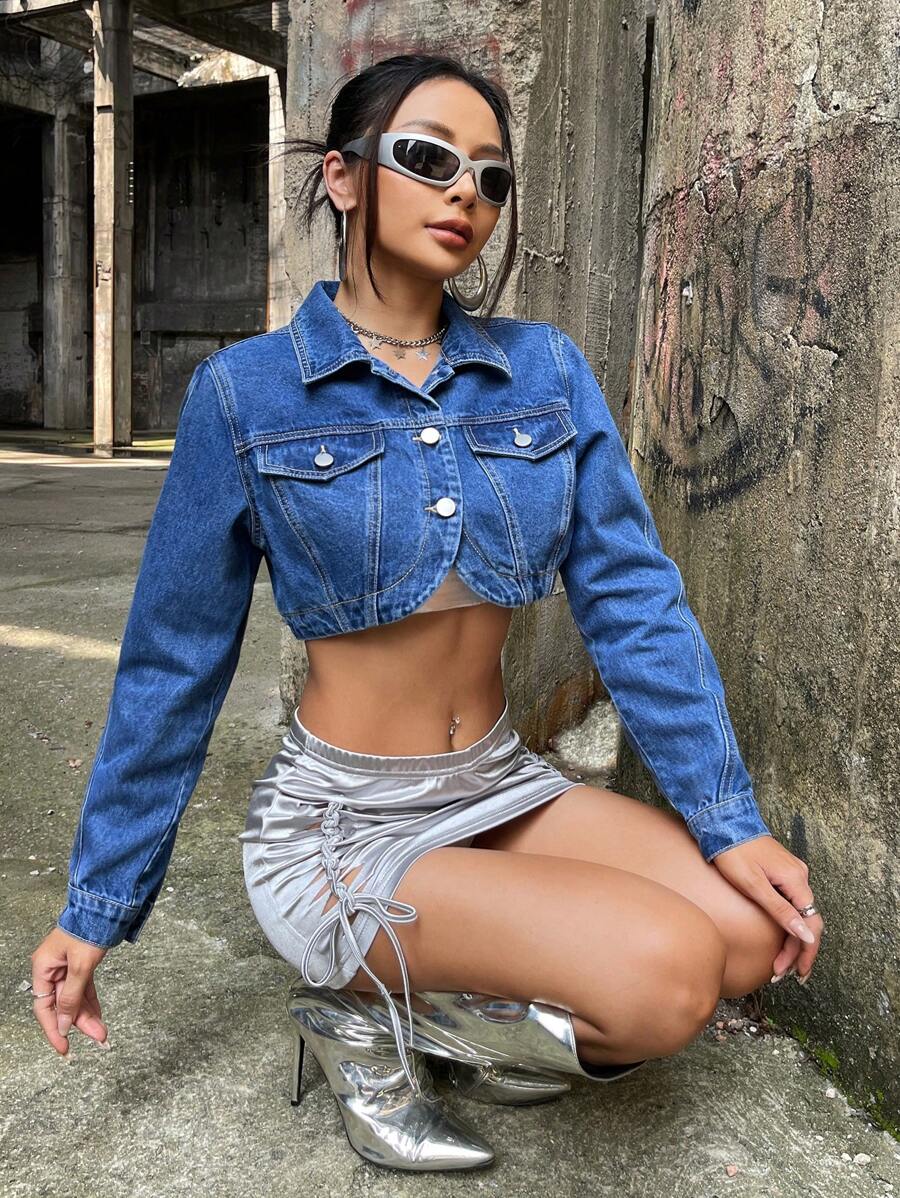 SHEIN ICON Flap Detail Crop Denim Jacket - Medium Wash - View 1