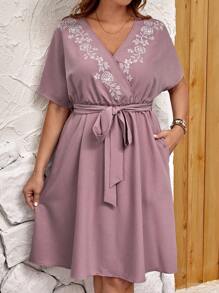 EMERY ROSE 大碼印花蝙蝠袖繫腰帶連衣裙 - 淡紫色 - 查看 3