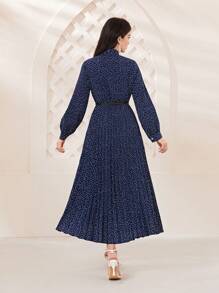 Mulvari Polka Dot Print Tie Neck Pleated Hem Belted Dress - Blue - View 2