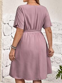 EMERY ROSE 大碼印花蝙蝠袖繫腰帶連衣裙 - 淡紫色 - 查看 2