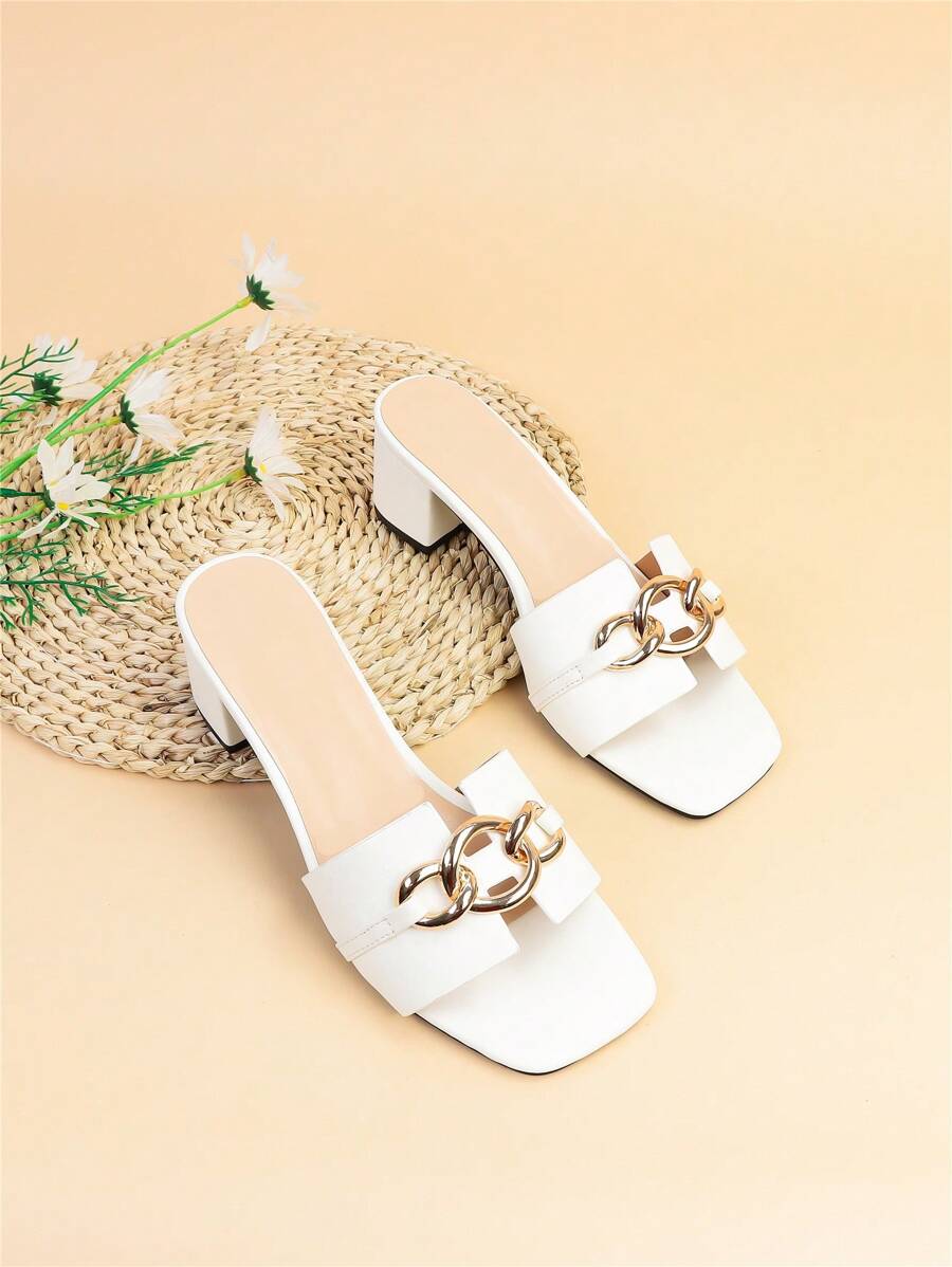 女式寬版時尚穆勒涼鞋，鏈條裝飾高跟涼鞋 - 白色 - 查看 1