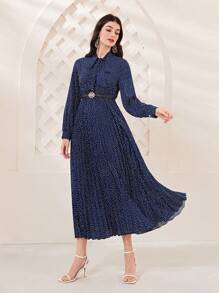 Mulvari Polka Dot Print Tie Neck Pleated Hem Belted Dress - Blue - View 5