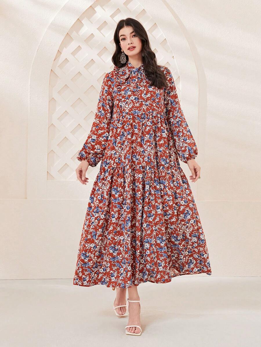 Mulvari Allover Print Tie Neck Lantern Sleeve Ruffle Hem Smock Dress - Burgundy - View 1
