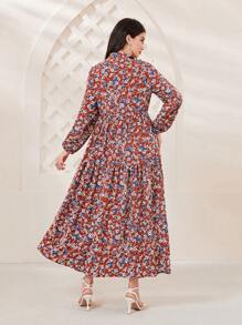 Mulvari Allover Print Tie Neck Lantern Sleeve Ruffle Hem Smock Dress - Burgundy - View 2