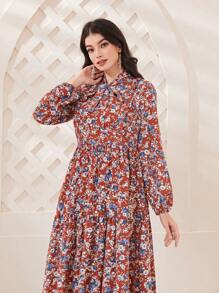 Mulvari Allover Print Tie Neck Lantern Sleeve Ruffle Hem Smock Dress - Burgundy - View 3
