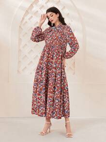 Mulvari Allover Print Tie Neck Lantern Sleeve Ruffle Hem Smock Dress - Burgundy - View 4