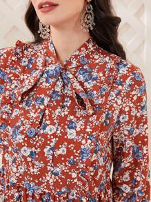 Mulvari Allover Print Tie Neck Lantern Sleeve Ruffle Hem Smock Dress - Burgundy - View 5