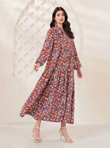Mulvari Allover Print Tie Neck Lantern Sleeve Ruffle Hem Smock Dress - Burgundy - View 6