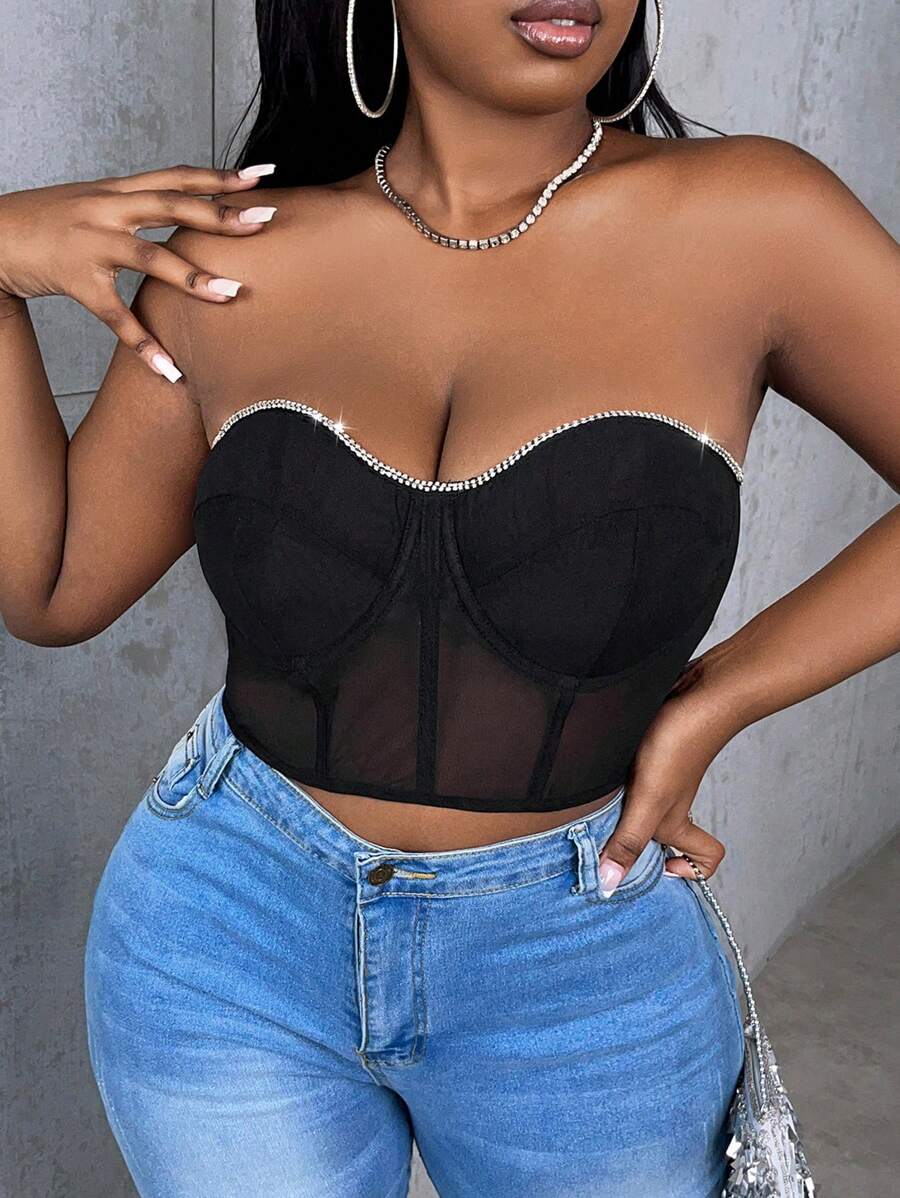 Slaydiva Plus Rhinestone Detail Bustier Mesh Tube Top - Black - View 1