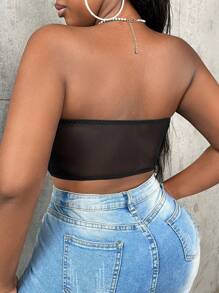 Slaydiva Plus Rhinestone Detail Bustier Mesh Tube Top - Black - View 2