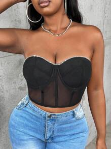 Slaydiva Plus Rhinestone Detail Bustier Mesh Tube Top - Black - View 3