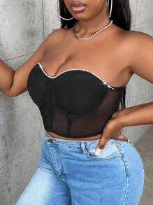 Slaydiva Plus Rhinestone Detail Bustier Mesh Tube Top - Black - View 5