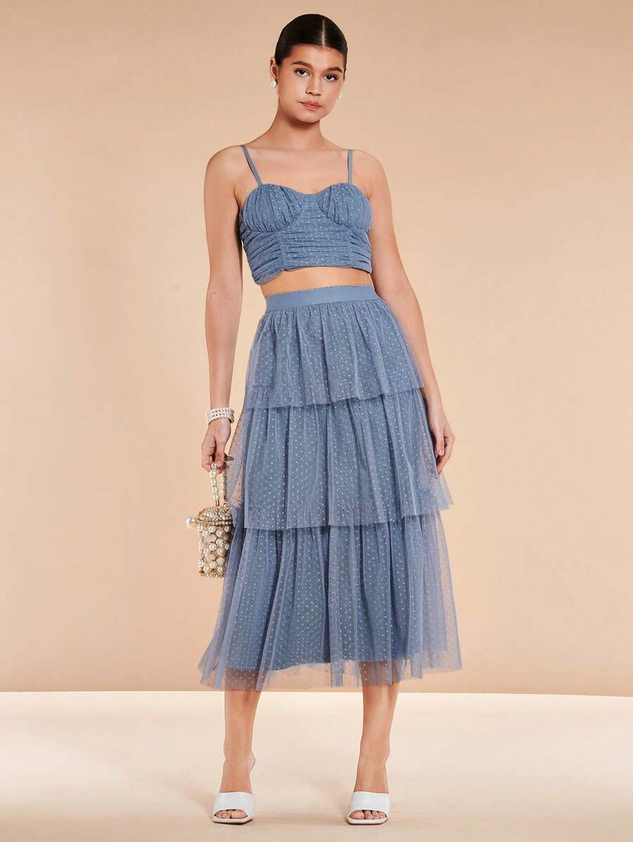 SHEIN Belle Solid Cami Top & Mesh Overlay Skirt - Dusty Blue - View 1