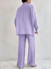 EMERY ROSE Women's Drop Shoulder Long Sleeve Single-Breasted Shirt And Pants Casual 2 Pieces Set - Purple - View 2