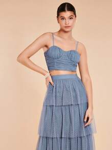 SHEIN Belle Solid Cami Top & Mesh Overlay Skirt - Dusty Blue - View 4