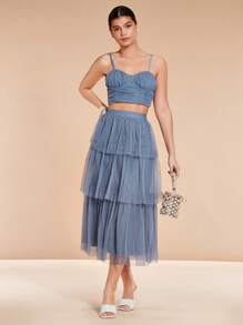SHEIN Belle Solid Cami Top & Mesh Overlay Skirt - Dusty Blue - View 5
