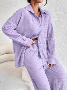 EMERY ROSE Women's Drop Shoulder Long Sleeve Single-Breasted Shirt And Pants Casual 2 Pieces Set - Purple - View 6
