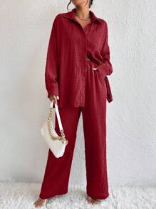 EMERY ROSE 素色落肩袖襯衫和闊腿褲 - 酒紅色 - 查看 6