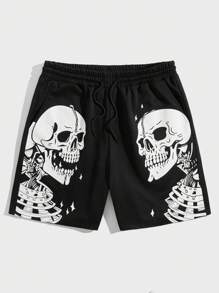 ROMWE MEN Quần short thắt lưng dây rút in hình xương nam, đi học - màu đen - Xem 1