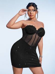 SHEIN ICON Plus Contrast Mesh Bustier Tube Bodycon Dress Corset Dress - Black - View 3
