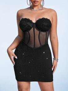 SHEIN ICON Plus Contrast Mesh Bustier Tube Bodycon Dress Corset Dress - Black - View 8
